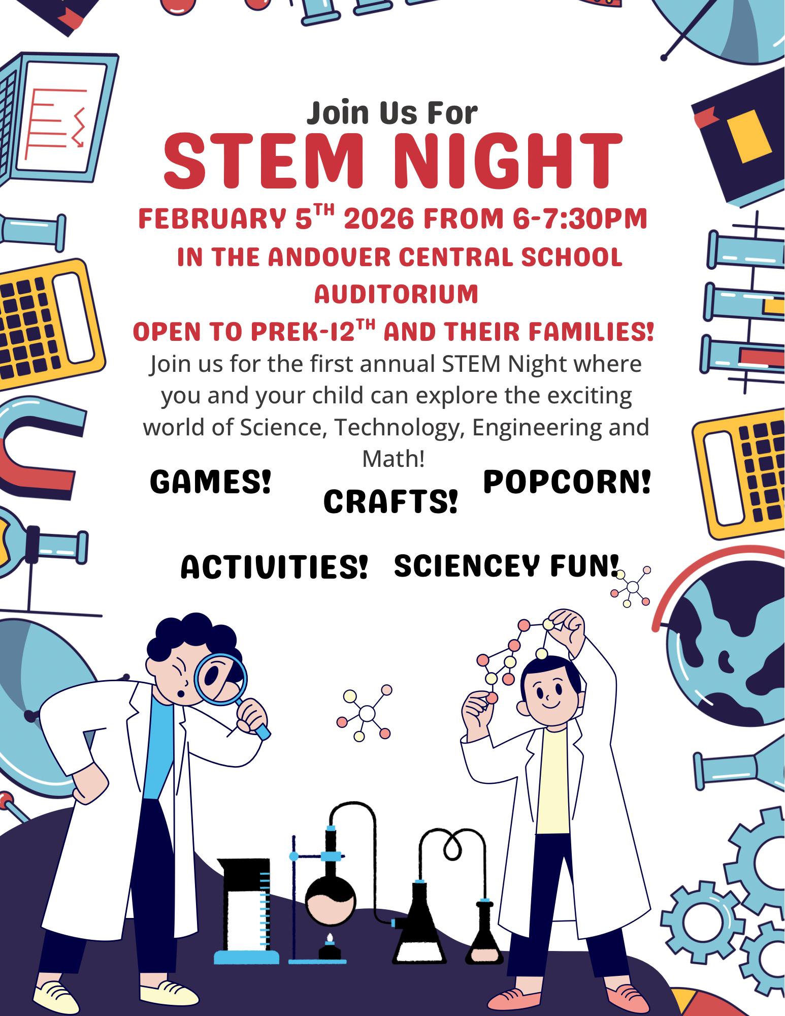 flyer announcing STEM night at Andover Central School with scientists in lab coats and blue, red, yellow, and black colors